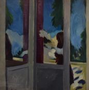 Guy Roddon (1919-2006) oil on canvas continental view from behind large folding doors, signed