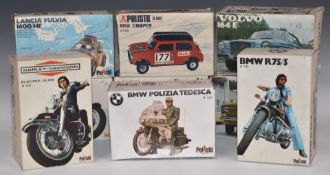 Nine Polistil 1:15 and 1:25 scale diecast model motorbikes and cars including BMW R75/5, Harley