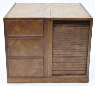 Japanese Yosegi parquetry inlaid cabinet with three drawers to the left side and tambour front to