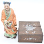 Chinese 19th/20thC figure with basket, 31cm tall and a mother of pearl inlaid box with segmented