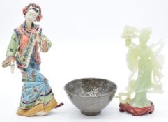 Chinese carved jade/jadeite or similar hardstone figurine, figure of a girl carrying a flower with