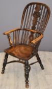 19thC elm seated Windsor armchair with crinoline stretcher
