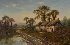 Walter Wallor Caffyn (1845-1898) oil on canvas rural landscape with cottages and woman in the