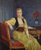 Oil on canvas lady in period room, signed lower right possibly Bamel, 60 x 50cm, in ornate gilt