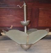 Art Deco style ceiling lamp/ electrolier with chrome finish and glass panels, H70cm
