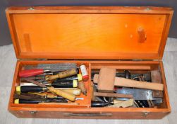 Vintage tool box with woodworking plane, chisels, rulers etc, W66 x D23 x H17cm