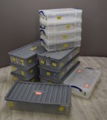 Plastic storage boxes comprising five 24.5 litre examples and seven 42 litre examples, length of