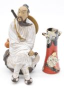 Japanese Sumida Gawa vase with applied decoration and a figure with impressed mark to base