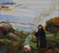 H. Brett oil on canvas naive landscape with man by a fire, signed lower right, 34 x 39cm, in pine