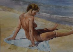 Wilfred May (1922-2007) watercolour study of a nude woman reclining on a beach, signed lower right