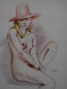 Guy Roddon (1919-2006) watercolour portrait of a seated nude woman wearing a hat, signed lower