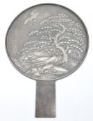 Japanese large bronze mirror with relief moulded decoration, H49.5cm, diameter 36cm