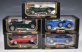 Five Burago 1:18 scale diecast model cars comprising Jaguar E Cabriolet 1961 (Red), Jaguar E