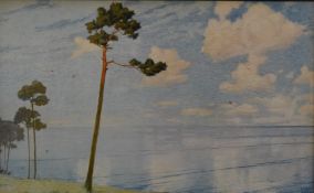 Ernst Dorn retro print of trees in a landscape, 49 x 80cm, in silvered frame