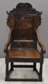17thC English jointed inlaid oak wainscot chair with shaped scrolling pediment with inlaid foliate