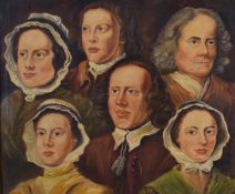 After Hogarth oil on canvas portrait of six people 'Servants', with details indistinctly marked