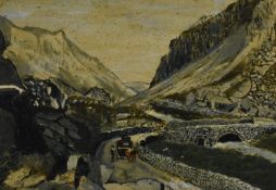 Gerard Dillon (Irish, 1916-1971) oil on board landscape carriage crossing a stone bridge bounded