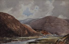 Edwin Harris (1891-1961) watercolour Highland landscape with bridge and cottage, signed lower left