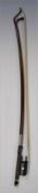 French Bazin style nickel mounted double bass bow, round stick, ebony frog inlaid with mother of