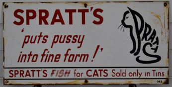 Spratt's animal/ cat food enamel advertising sign, 'Puts Pussy into fine form! Spratts fish for cats
