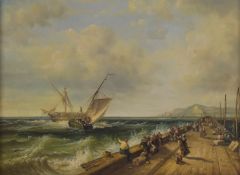 19thC style oil on board maritime scene with figures on a pier with boats in a choppy sea, 28 x