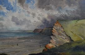 Edward Loxton Knight (1905-1993) coastal cliff landscape with figures on beach below, signed lower