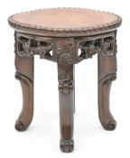 Chinese late 19th/ early 20thC rosewood stand with carved prunus and floral decoration, H24.5cm