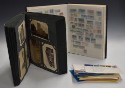 Approximately 300 UK topographical postcards in album and an all world stamp stockbook, cards
