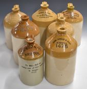 Seven local interest vintage stoneware flagons including Stroud, Wickwar, Dursley and Tetbury,