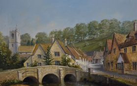 George Horne (contemporary British) oil or acrylic on canvas 'Castle Combe' Cotswold village scene