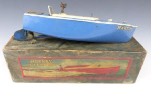 Hornby clockwork tinplate model Speed Boat 'Martin' with blue and white body, No.1, in original box.