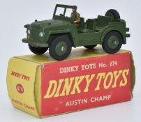 Dinky Toys diecast model Austin Champ with driver and green body and hubs, 674, in original box.