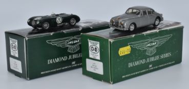 Two Jaguar Diamond Jubilee Series 1:43 scale diecast model vehicles Jaguar MK.2 Monza 1963 JW5 and