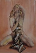 Wilfred May (1922-2007) watercolour study of a nude woman with a silk scarf, signed lower right 38 x