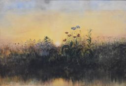 Andrew Nicholl RHA (Irish, 1804-1886) watercolour landscape of flowers with the sun rising to the