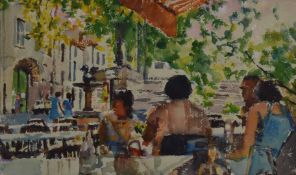 Faith Sheppard (1920-2008) watercolour 'Café in Provence' figures seated in a street scene, signed