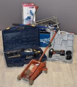 Collection of tools including Erbauer electric tile cutter, Power Devil planer, cased set of Marples