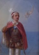 19thC oil on canvas portrait of a man with sword, dagger and order or similar medal with cape and