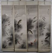 Four early to mid 20thC Chinese scroll paintings depicting fish, with script and seal mark, 145 x