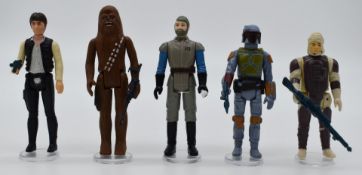 Five Kenner Star Wars figures including Chewbacca, General Madine, Dengar, Boba Fett and large