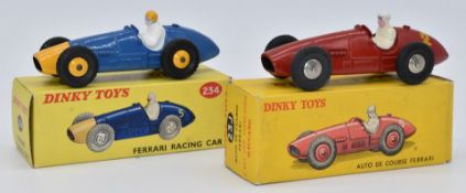 Two Dinky Toys diecast model vehicles Auto De Course Ferrari with red body, white driver and