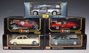 Five Maisto Special Edition and Burago 1:18 scale diecast model Jaguar cars comprising two Mark II