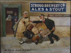 Stroud Brewery Company framed advertising poster 'By your leave, please!' depicting a railway