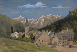 Sidney Ferris (1902-1989) watercolour landscape Alpine village scene 'Chantemerle' Switzerland,