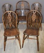 Set of five (4 + 1) elm seated Windsor dining chairs with hoop backs
