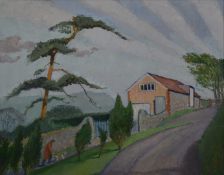 Dorothy Sims Williams SWA (b1943) oil on board rural lane with barn beside trees, initialled lower