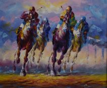 Oil or acrylic on canvas modern horse racing scene, indistinctly signed lower right, 50 x 60cm, in
