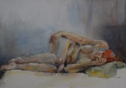 Wilfred May (1922-2007) watercolour study of a nude lady lying down, signed and dated 93 lower right
