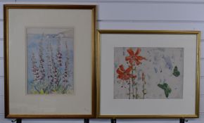 Fletcher J Mercer (1861-1922) two watercolour studies of flowers, one with maritime or coastal scene