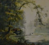 Edward Poole watercolour landscape cattle watering at a lake with Arundel Castle in the mist beyond,